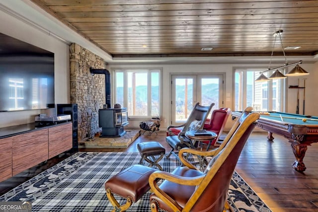 537 Mill Ridge Rd, Hiawassee, GA 30546 - living area featuring a wood stove, dark wood-style flooring, billiards, and wood ceiling