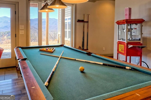 537 Mill Ridge Rd, Hiawassee, GA 30546 - recreation room featuring pool table, wood finished floors, and a mountain view