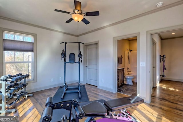 537 Mill Ridge Rd, Hiawassee, GA 30546 - exercise room featuring ornamental molding, ceiling fan, baseboards, and wood finished floors