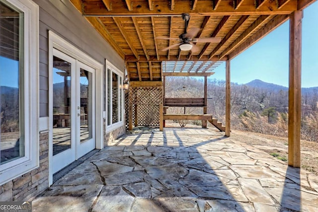 537 Mill Ridge Rd, Hiawassee, GA 30546 - view of patio with ceiling fan, french doors, and a mountain view