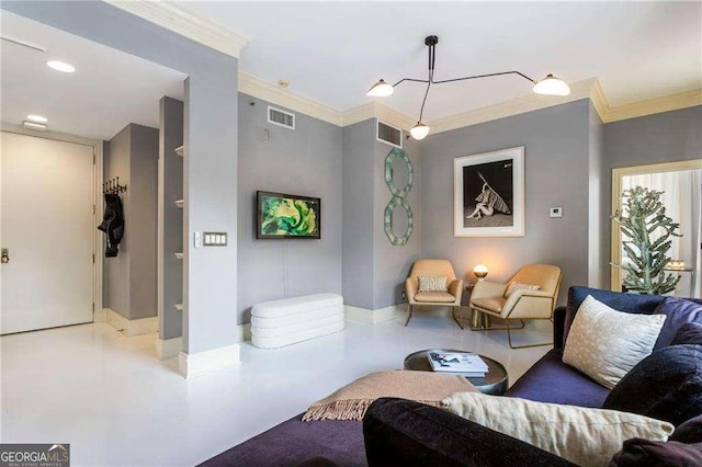 living room featuring baseboards, visible vents, and crown molding