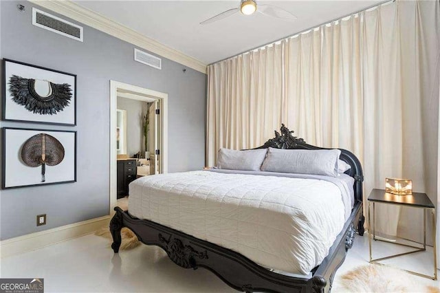 bedroom with baseboards, visible vents, ensuite bathroom, and ornamental molding