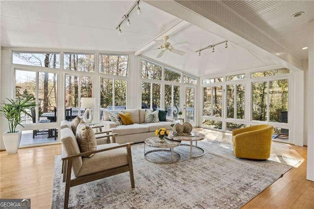 sunroom featuring vaulted ceiling with beams, rail lighting, plenty of natural light, and ceiling fan