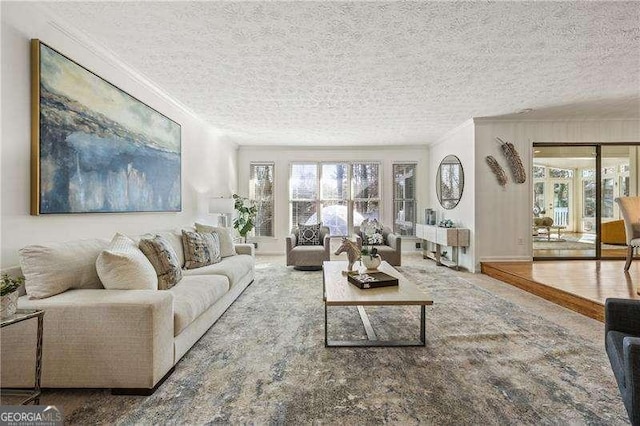 living room with a healthy amount of sunlight, ornamental molding, and a textured ceiling