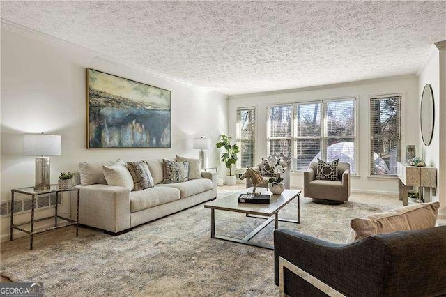 carpeted living area with a textured ceiling, baseboards, and crown molding