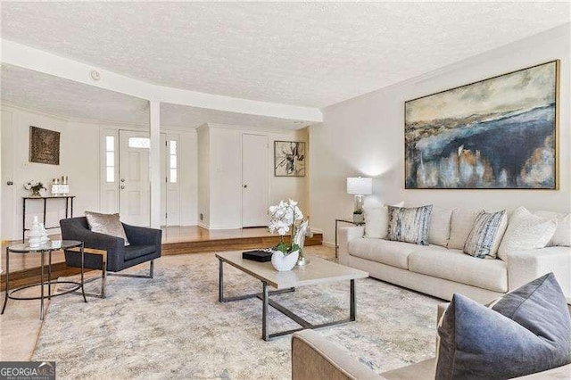 living room featuring a textured ceiling and wood finished floors