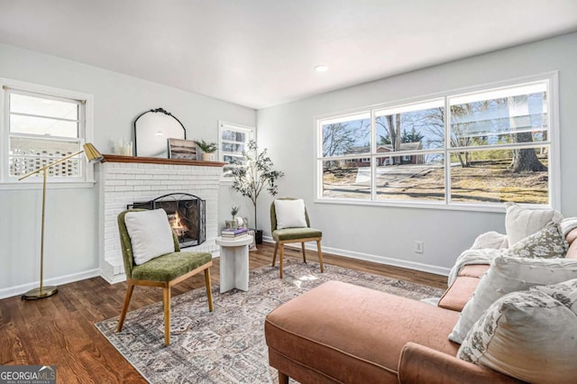 living area with a fireplace, wood finished floors, and baseboards