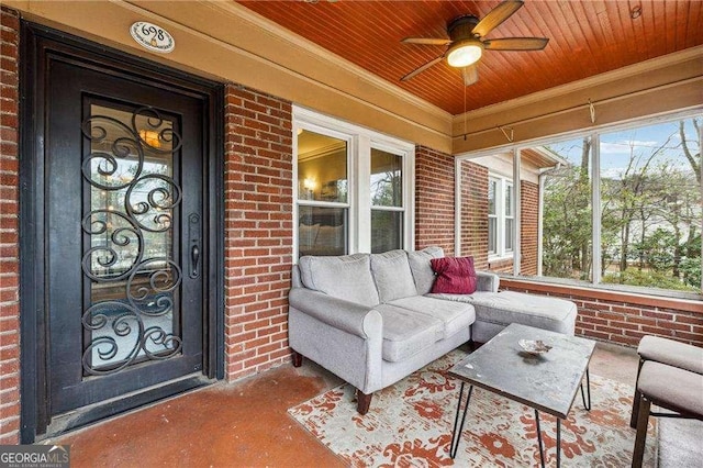 exterior space with wood ceiling and ceiling fan