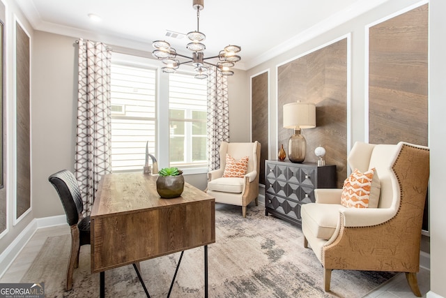 living area featuring ornamental molding, visible vents, a notable chandelier, and baseboards