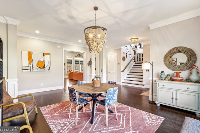 dining space featuring dark wood-style floors, crown molding, stairway, and baseboards