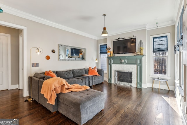 living area with crown molding, a fireplace, baseboards, and wood finished floors