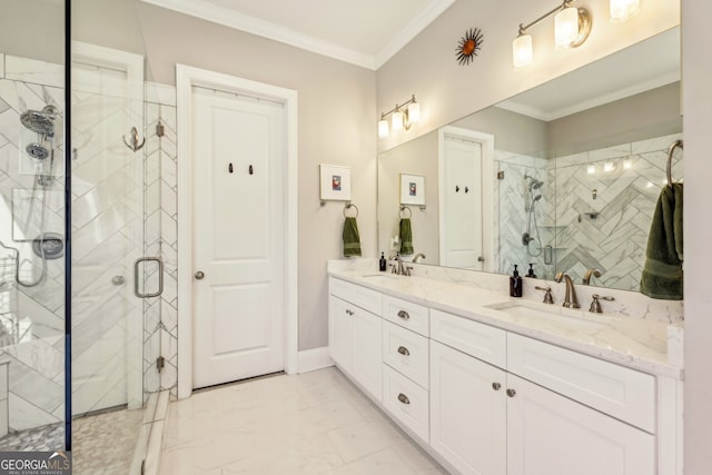 bathroom with crown molding, a stall shower, marble finish floor, and a sink