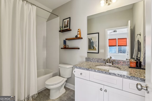 full bath with shower / bathtub combination with curtain, toilet, vanity, tile patterned flooring, and baseboards