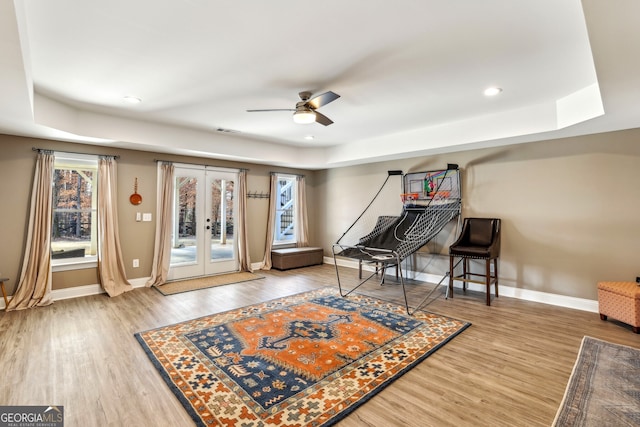 interior space with a raised ceiling, baseboards, and wood finished floors