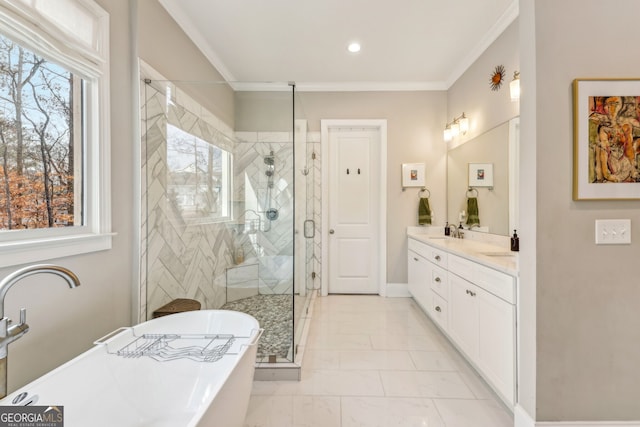 bathroom featuring a soaking tub, ornamental molding, plenty of natural light, and a sink