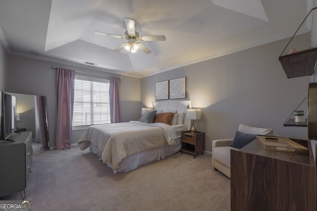 bedroom featuring a raised ceiling, light carpet, crown molding, and baseboards