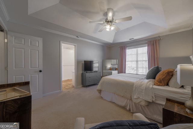 bedroom with visible vents, a raised ceiling, baseboards, light colored carpet, and ornamental molding