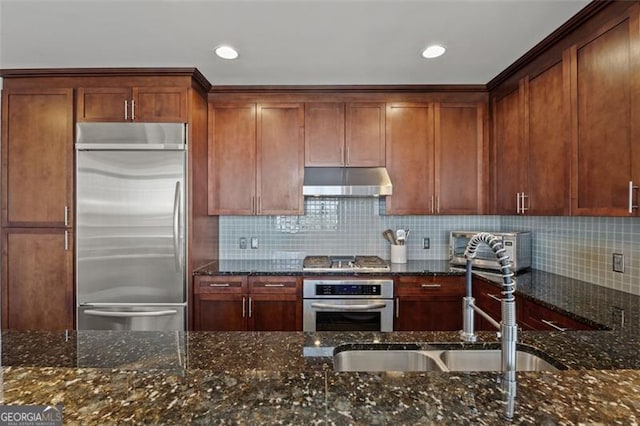 kitchen featuring appliances with stainless steel finishes, dark stone counters, a sink, and under cabinet range hood