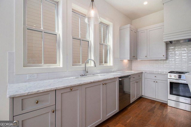 kitchen with stainless steel appliances, premium range hood, a sink, decorative backsplash, and dark wood finished floors