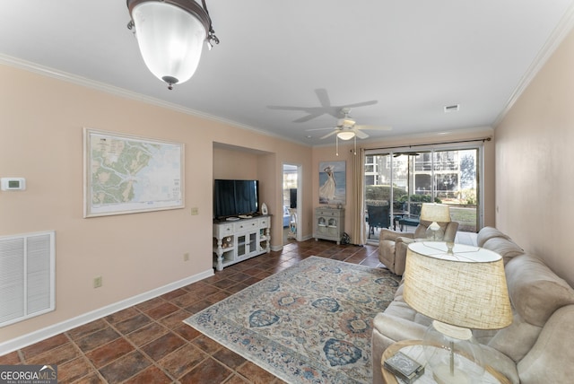 living area with baseboards, a ceiling fan, visible vents, and crown molding