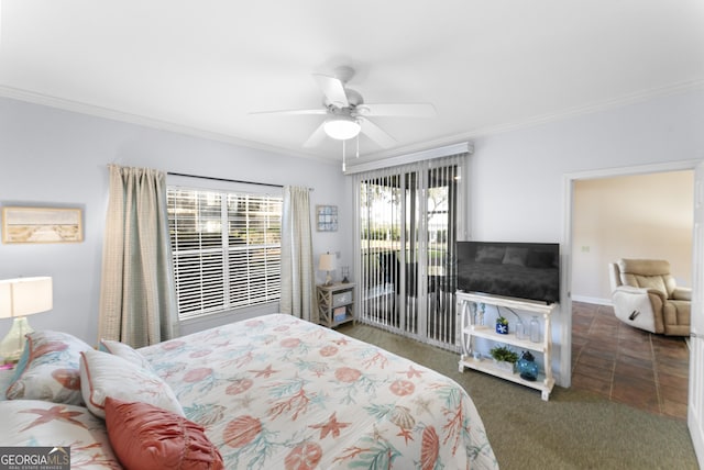 bedroom featuring access to exterior, carpet, ornamental molding, and a ceiling fan