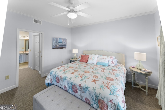 bedroom featuring visible vents, ornamental molding, carpet flooring, ceiling fan, and baseboards