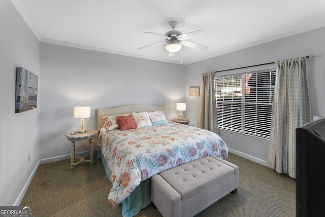 bedroom featuring ornamental molding, carpet flooring, baseboards, and a ceiling fan