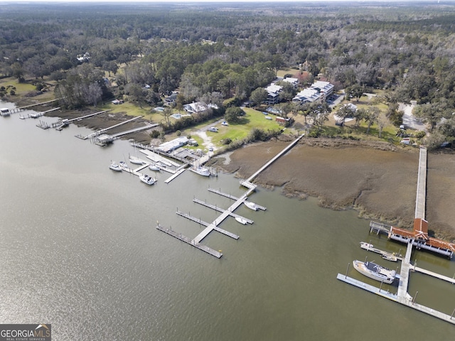 birds eye view of property featuring a forest view and a water view