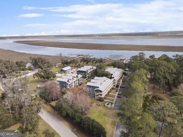 drone / aerial view featuring a water view