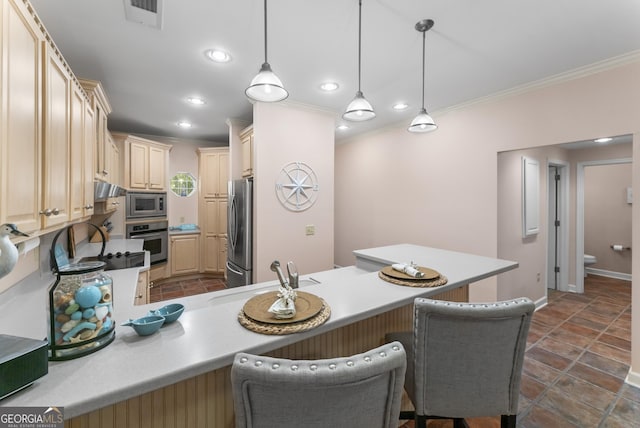 kitchen featuring visible vents, appliances with stainless steel finishes, ornamental molding, a peninsula, and under cabinet range hood