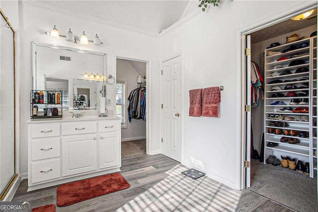 bathroom with crown molding, a spacious closet, vanity, and wood finished floors