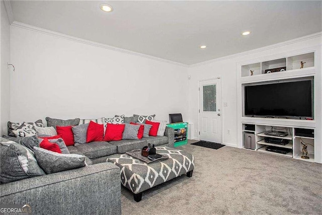 living room featuring ornamental molding, carpet flooring, and recessed lighting