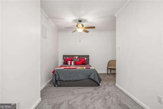 bedroom with ornamental molding, carpet, ceiling fan, and baseboards