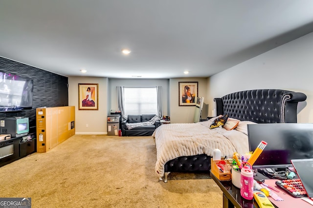 carpeted bedroom with recessed lighting and baseboards