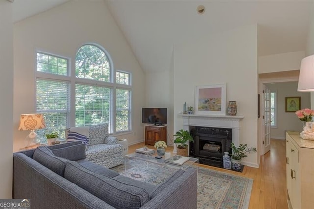 living area featuring light wood-style flooring, a fireplace, high vaulted ceiling, and baseboards