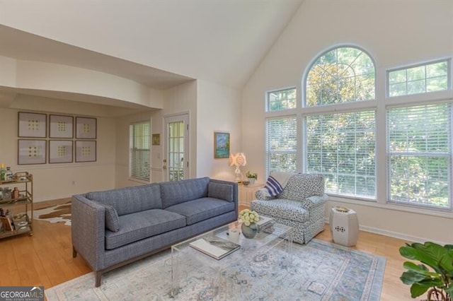 living area featuring high vaulted ceiling, plenty of natural light, wood finished floors, and baseboards