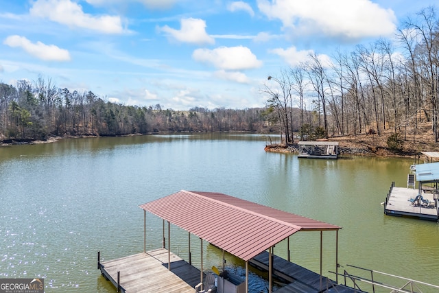 dock area with a water view and a forest view