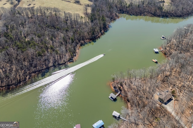 birds eye view of property featuring a water view