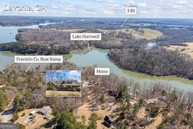 bird's eye view featuring a water view and a view of trees