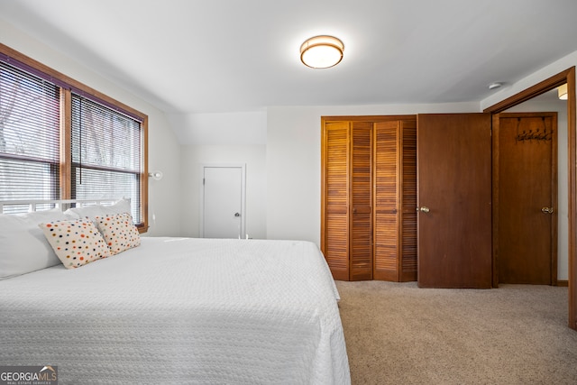 carpeted bedroom featuring lofted ceiling and a closet