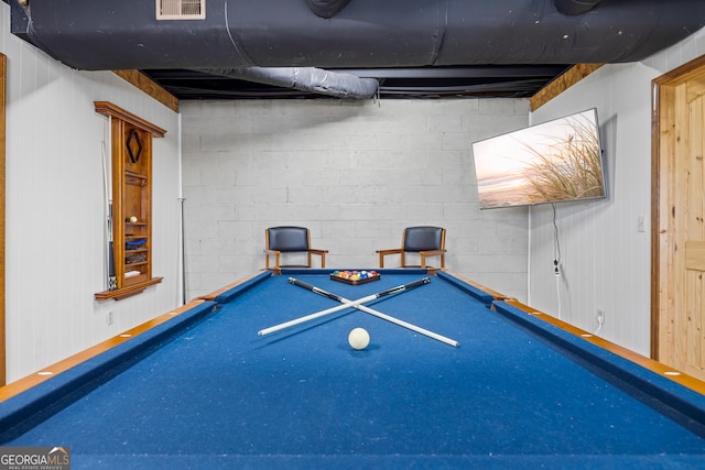 playroom with pool table, visible vents, and concrete block wall