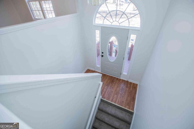 foyer with stairway and wood finished floors