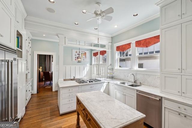 kitchen with stainless steel appliances, crown molding, a sink, and wood finished floors