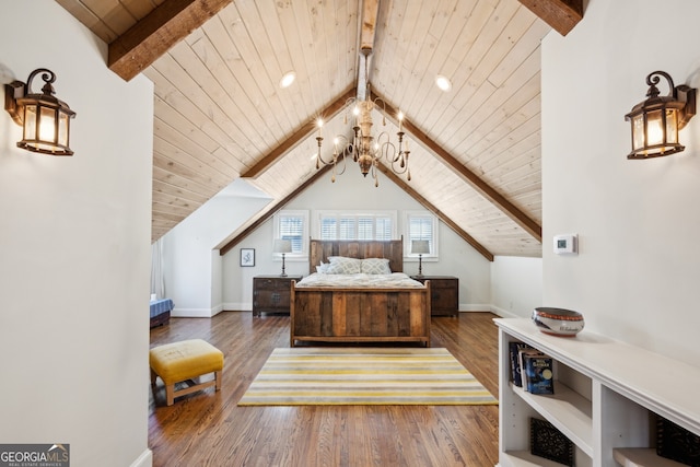 bedroom featuring vaulted ceiling with beams, wooden ceiling, wood finished floors, and baseboards