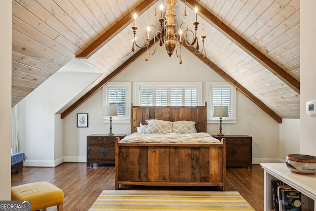 bedroom featuring lofted ceiling with beams, baseboards, and wood finished floors