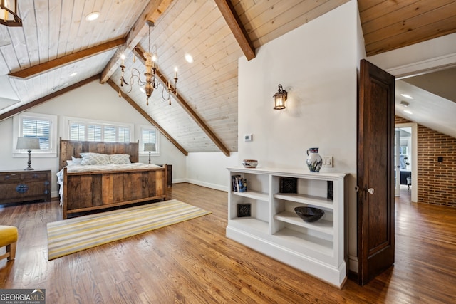 bedroom with vaulted ceiling with beams, wooden ceiling, and wood finished floors