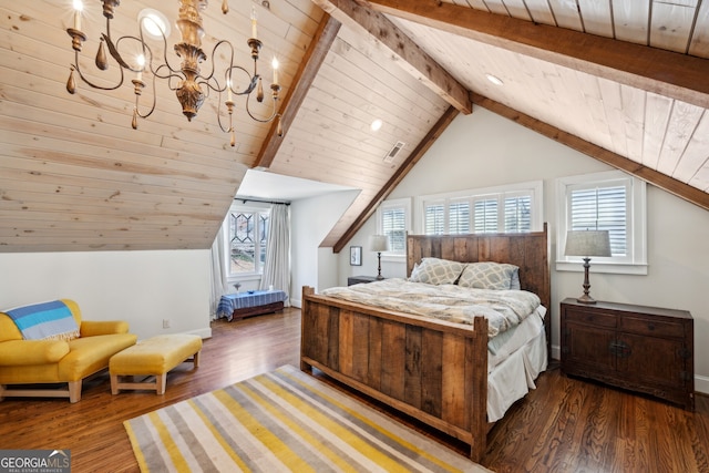 bedroom featuring vaulted ceiling with beams, visible vents, an inviting chandelier, wood finished floors, and wooden ceiling