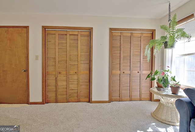 bedroom featuring carpet floors, baseboards, and two closets