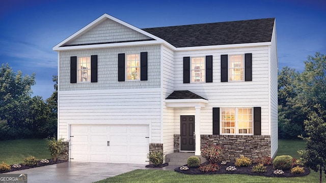 view of front facade featuring a garage, a shingled roof, concrete driveway, stone siding, and a front lawn