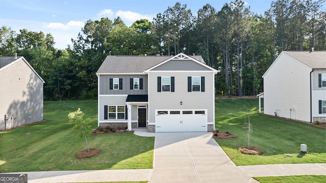 view of front facade with board and batten siding, a front yard, concrete driveway, and a garage